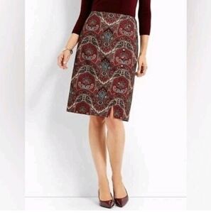 Talbots‎ Opulent Paisley Side Button Faux Wrap Skirt Pencil Red Burgundy Sz 10